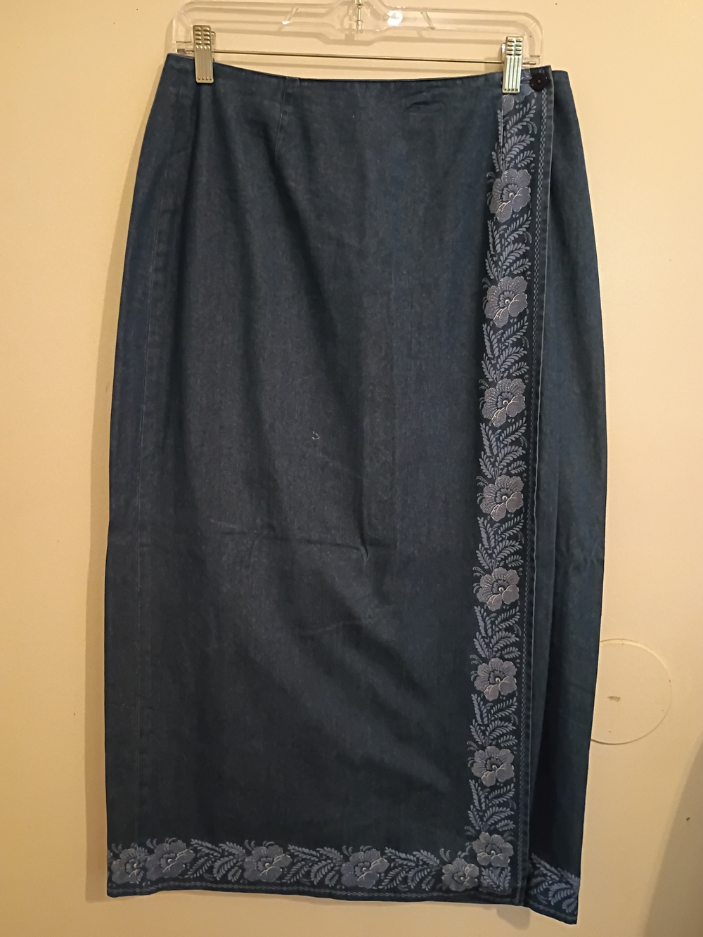 VTG Talbot's Denim Maxi Wrap Skirt Floral Trim Sz 12